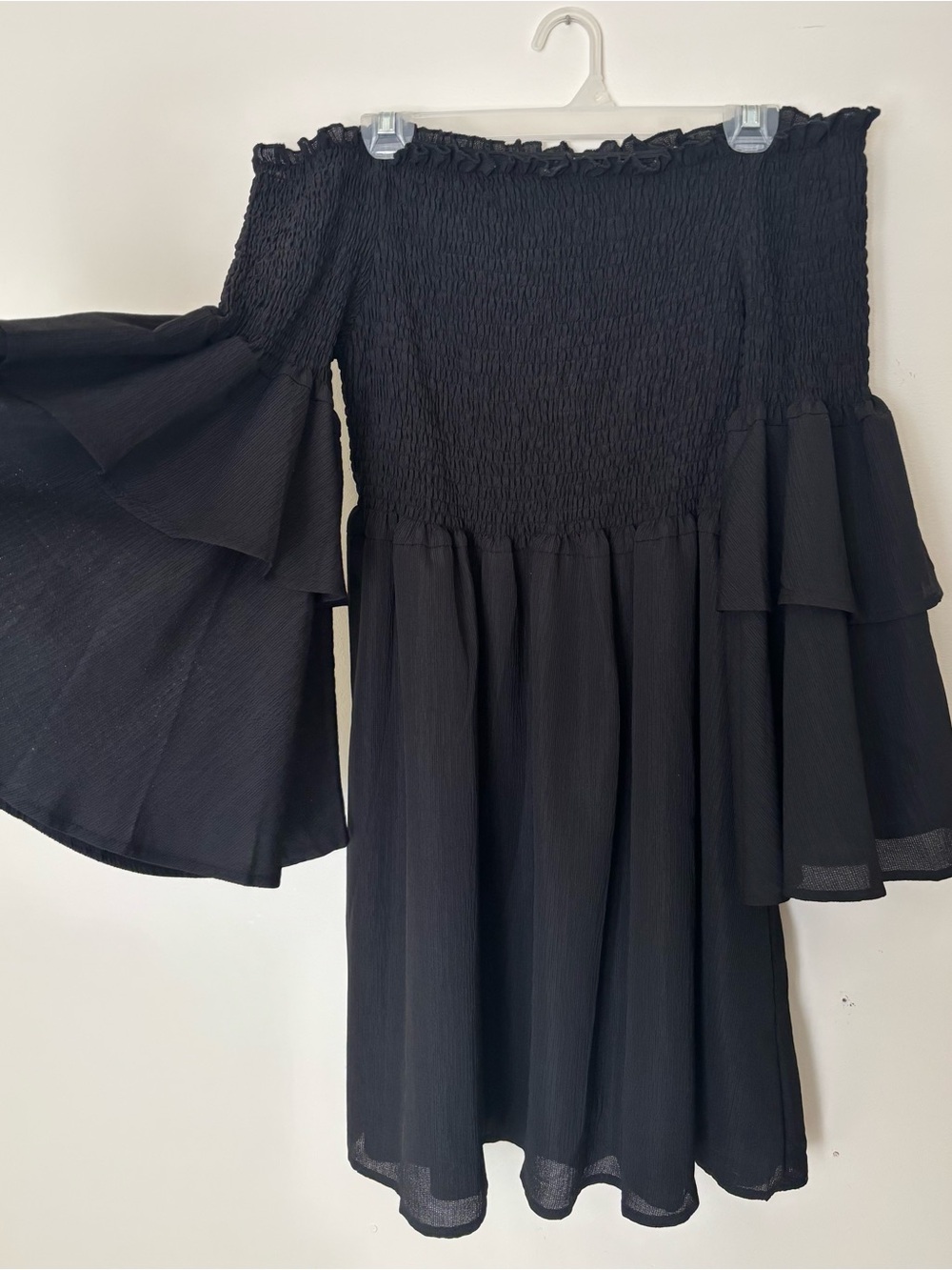 Off-Shoulder Black Ruffle Sleeve Mini Dress